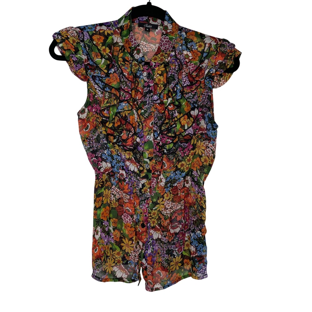 Sele Floral Ruffle Blouse Womens Size S Multicolor Sheer Button Down Top